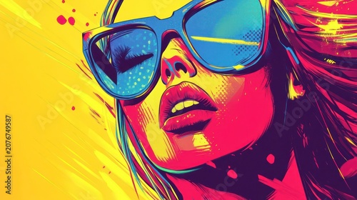 Close-up vibrant portrait of a woman wearing sunglasses.
