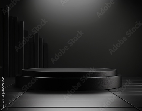 contemporary black form on a dark backdrop vacant platform for product presentation box pedestal 3d rendered image