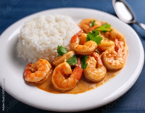 creamy coconut shrimp curry including tender shrimp and fresh cilantro garnished with fluffy white rice on a smooth white plate