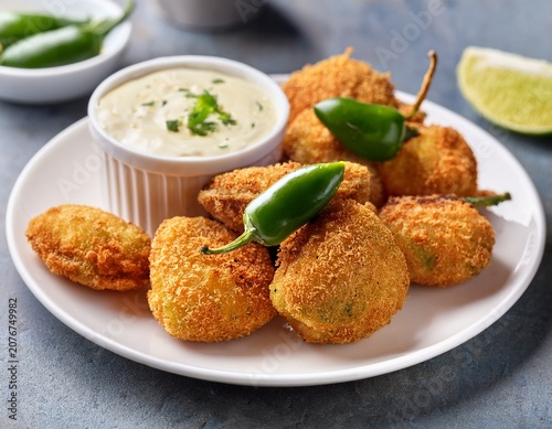 crispy breaded jalapeno poppers are sitting on white plate with creamy dipping sauce