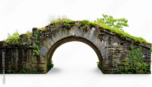 old ruined stone bridge covered with moss and plants isolated on white background