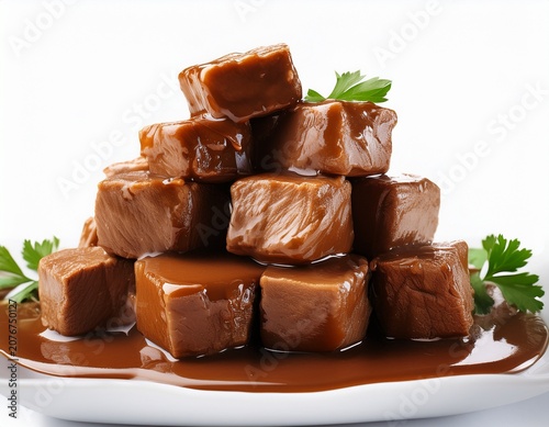 pile of brown meat cubes in gravy filling the frame on a white background