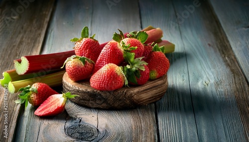 ripe strawberries and fresh rhubarb stalks highlighted on textured wooden table
