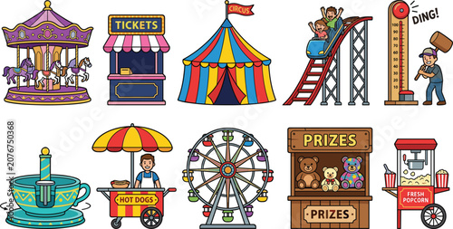 Amusement Park Vector Icon Set with Carousel Roller Coaster Ferris Wheel Circus Tent Ticket Booth Prize Stand and Food Carts