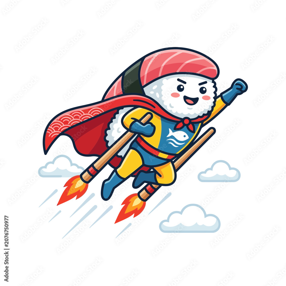 Fototapeta premium Cute Kawaii Salmon Nigiri Sushi Superhero Character Flying With Rocket Jet Chopsticks Vector Illustration