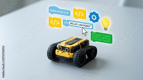 yellow and black robotic vehicle with coding interface elements