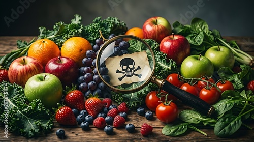 Fruits and vegetables with a magnifying glass over a skull symbol