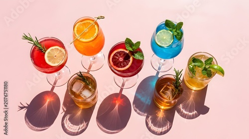 Colorful summer cocktails on pink background, variety of refreshing fruit drinks with citrus and herbs, vibrant alcoholic beverages with hard shadows
