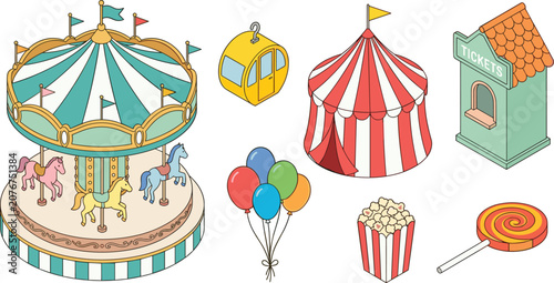 Isometric Amusement Park Vector Icon Set with Carousel Circus Big Top Tent Ticket Booth Balloons Popcorn and Lollipop Candy Elements