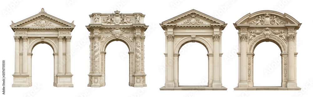 Fototapeta premium Set of four classical stone arches with ornate carvings and architectural details isolated on transparent background