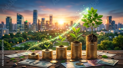 Growing plants in stacks of coins with city skyline background