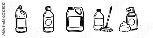 Quadro su tela Hand-drawn black and white icons of cleaning supplies including bottles, a mop, detergent jug, and spray can