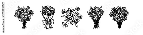 Fotografija Set of five hand-drawn flower bouquet sketches in a minimalist black ink doodle style
