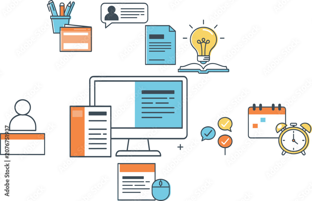 Fototapeta premium Online learning and digital education concept icon set with computer screen student courses deadline calendar and creative book flat vector illustration
