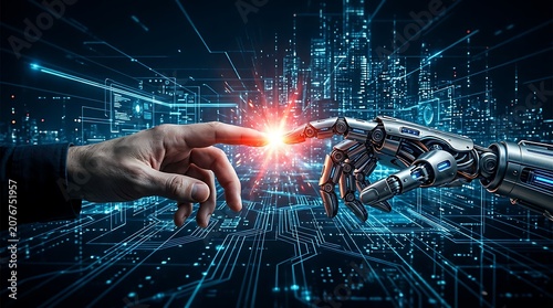 human hand and robotic hand touching futuristic technology concept