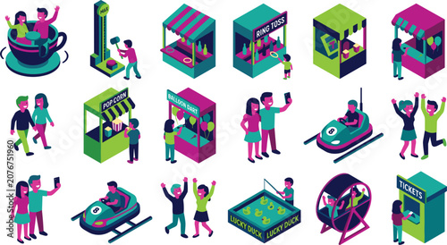 Isometric Amusement Park and Carnival Icon Set with Teacup Ride, Bumper Cars, Game Booths, Food Stalls, and Happy People Characters for Theme Park Layouts