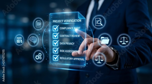 Project verification checklist with businessman touching digital interface