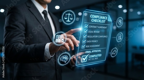 Businessman interacting with a digital compliance checklist interface