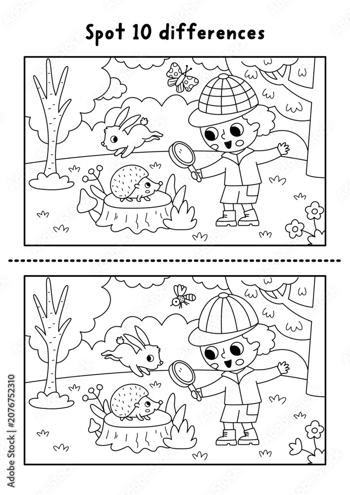 Fototapeta premium Forest black and white find differences game with boy looking on hedgehog on tree stump. Woodland line activity with animal. Puzzle for kids with cute scene. Printable worksheet, coloring page