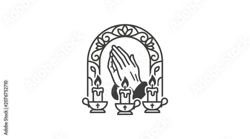 Billede på lærred Praying Hands Icon with Candles and Archway - Religious Symbol