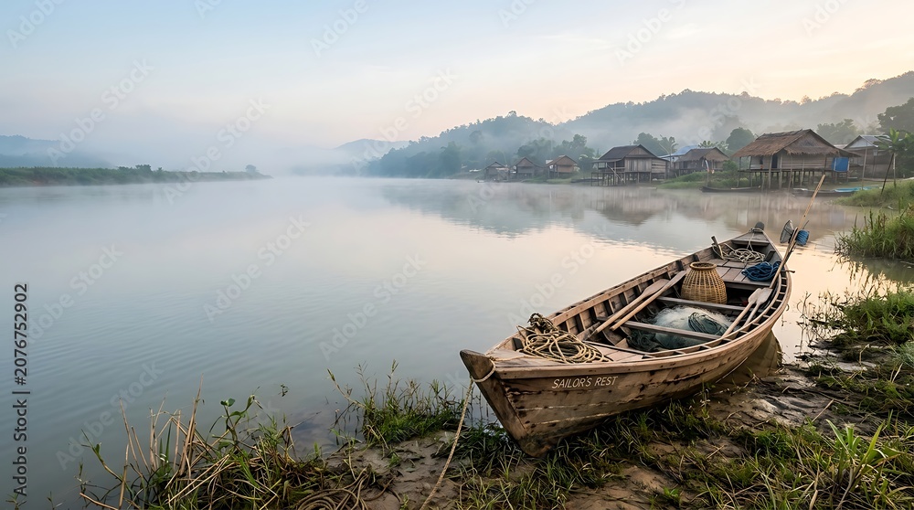Obraz premium Traditional wooden boat moored on a misty riverbank at dawn