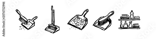 Hand-drawn cleaning tool illustrations featuring brooms, brushes, and dustpans in a minimalist ink sketch style. Perfect for housekeeping, sanitation, and home organization themes.
