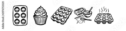 Tableau sur toile Hand-drawn black and white sketches of baking tools and cupcakes, featuring muffin tins, a whisk, mixing bowl, and a decorated muffin