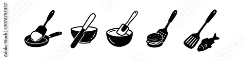 Konstfotografi Minimalist black and white kitchen icon set featuring spatulas, eggs, burgers, and fish for culinary design