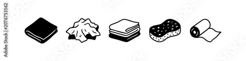 Tableau sur toile Black and white icons of cleaning supplies: folded cloth, crumpled rag, stacked towels, sponge, and paper towel roll