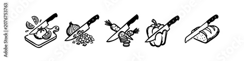 фотографія Hand-drawn icons of kitchen knives slicing food: tomato, onion, carrot, pepper, and bread