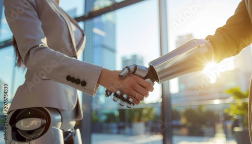 Business handshake between human and robot.