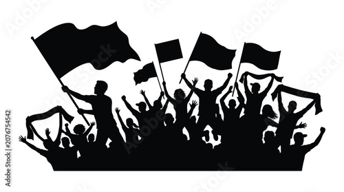 Tablou pe pânză Crowd Silhouette With Raised Flags Black On White Background