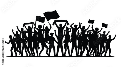 Tablou pe pânză Crowd Silhouette With Flags Black On White Background