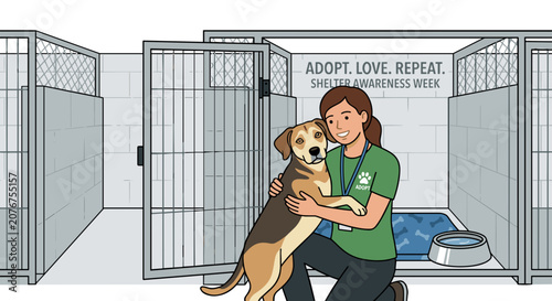 Volunteer hugging rescue dog in animal shelter promoting adoption compassion and responsible pet care