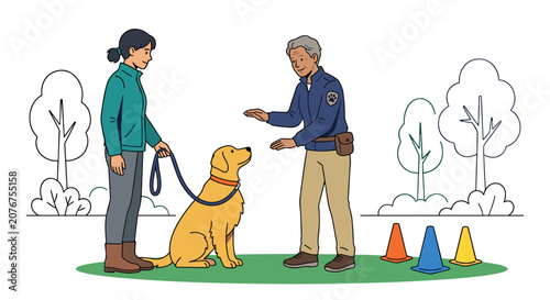 Puppy training class with owner and professional instructor teaching obedience outdoors