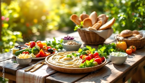 Fresh hummus platter with vegetables and bread, healthy food branding