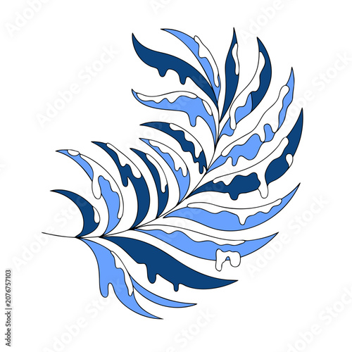 Stylized melting blue and indigo plant leaf or feather with wavy organic shapes and drips illustration.