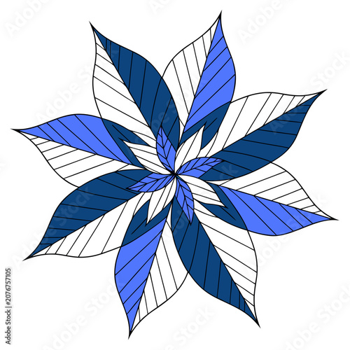 Circular mandala-like floral design with striped blue and indigo petals forming a stylized flower or star.
