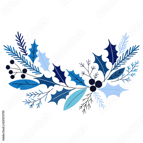 Winter holly and pine wreath illustration in various shades of blue and white, with berries and branches, flat design.