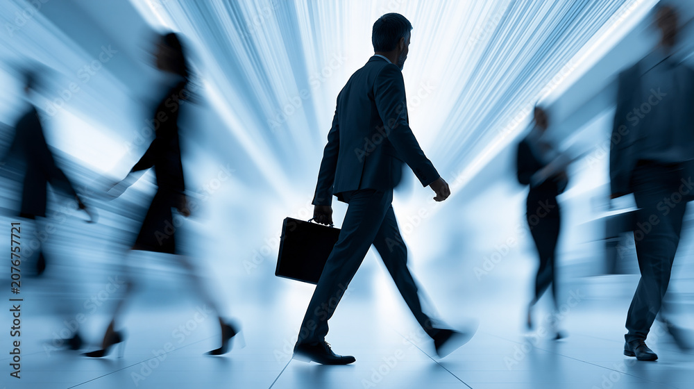 Fototapeta premium Silhouetted diverse professionals walking in motion blur representing fast-paced digital economy and workforce mobility, career transition concept, dynamic corporate photography,