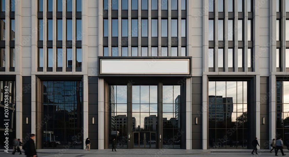 Fototapeta premium Blank rectangular sign above modern glass building entrance.