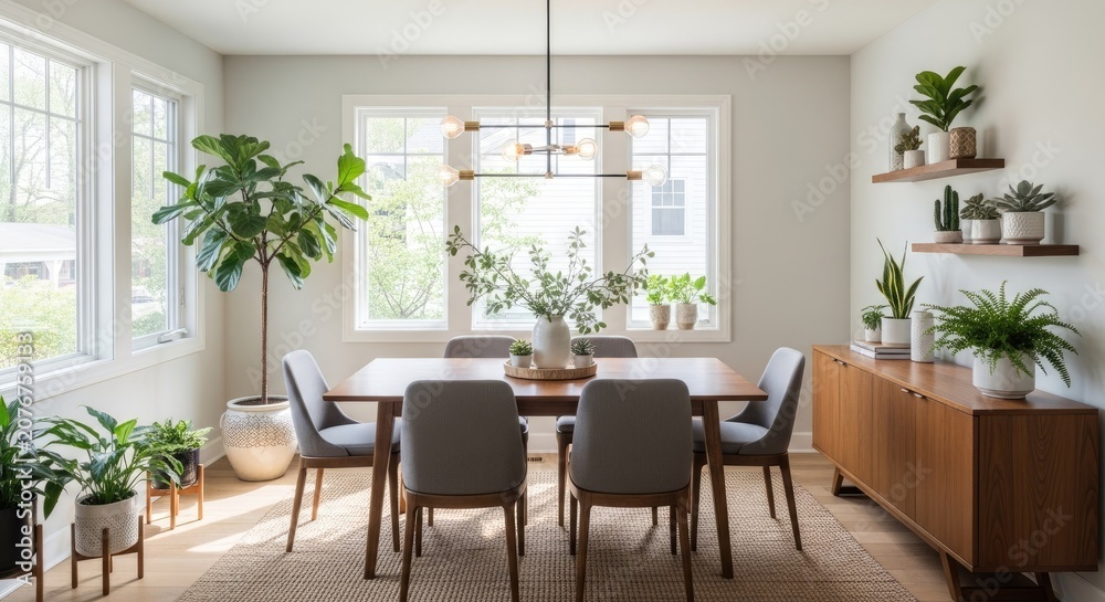 Fototapeta premium Bright dining area with wooden table and plants.