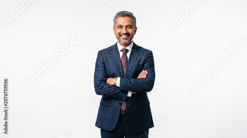 Confident Indian Businessman in Elegant Navy Suit Standing with Arms Crossed and Smiling in Professional Corporate Portrait, Isolated on White Background