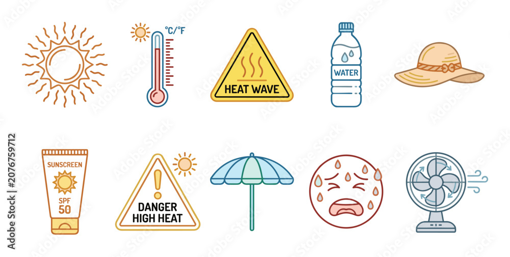Fototapeta premium Heatwave safety icons collection illustrates essential precautions during hot weather, including sun protection, hydration, and cooling methods.
