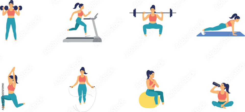 Fototapeta premium Fitness Woman Workout Icon Set with Gym Exercises, Weightlifting, Running, Yoga, and Strength Training Vectors for Health, Wellness, and Sport Application Designs