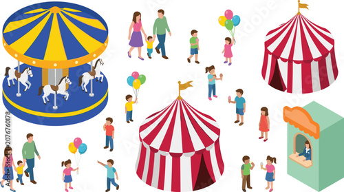 Isometric Amusement Park and Circus Vector Elements Set with Carousel, Big Top Tents, Ticket Booth, and Families with Children Characters for Festival Designs