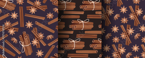 Set of Seamless Patterns with Cinnamon Sticks and Star Anise in Flat Style. Cozy Holiday Spice Texture for Gift Wrap, Festive Packaging, Seasonal Wallpaper, Textile and Home Decor