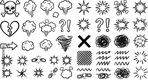 Hand drawn comic book action effect icons and graphic symbols with explosion illustration elements creative collection scribble reaction question exclamation background