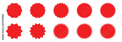 Red price sticker, sale or discount sticker, sunburst badges icon. Stars shape with different number of rays. Special offer price tag. Set of circles with zigzag edges, Sunburst sticker shapes.