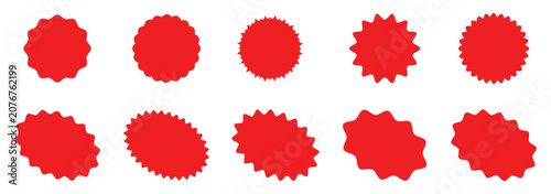 Red price sticker, sale or discount sticker, sunburst badges icon. Stars shape with different number of rays. Special offer price tag. Set of circles with zigzag edges, Sunburst sticker shapes.